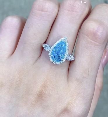 Nhẫn kim cương CVD vàng trắng 18K 2.32ct Blue Pear Cut Trang sức nhẫn đính hôn
